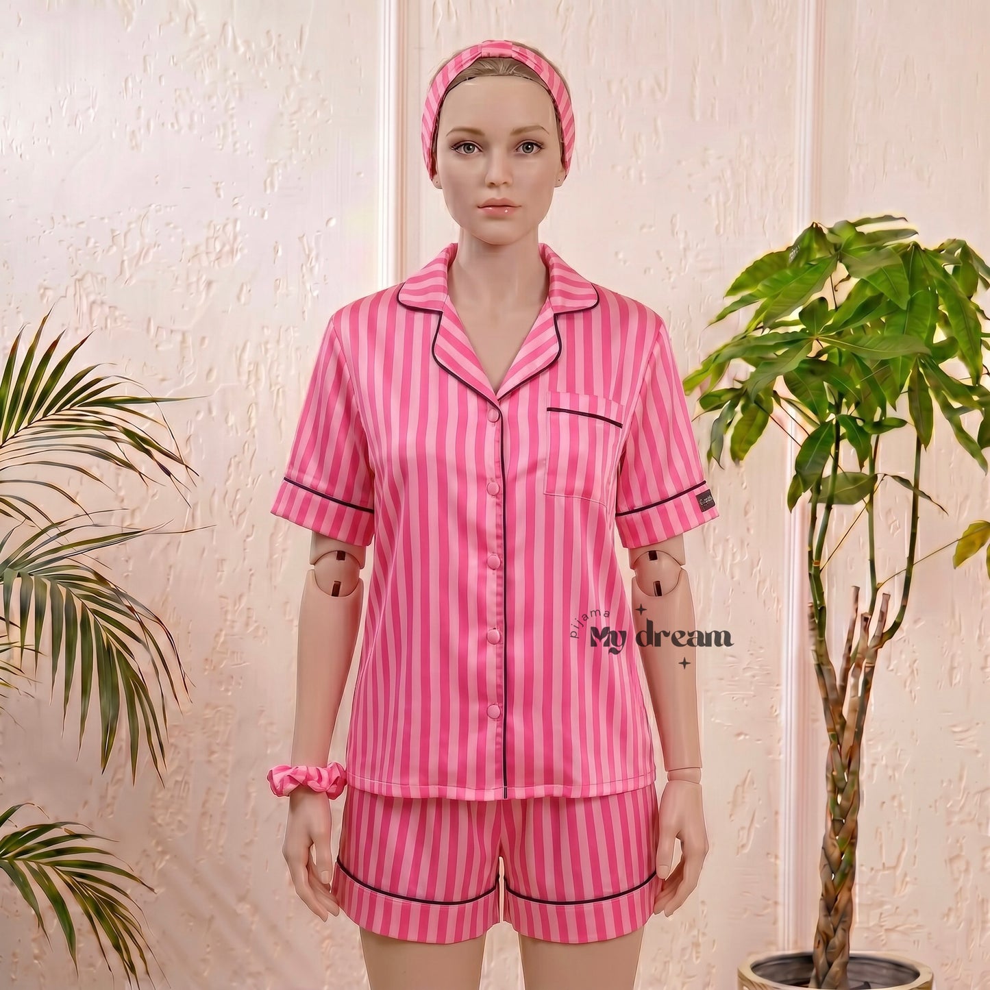 Striped Satin Shorts Pajama Set-Fuchsia
