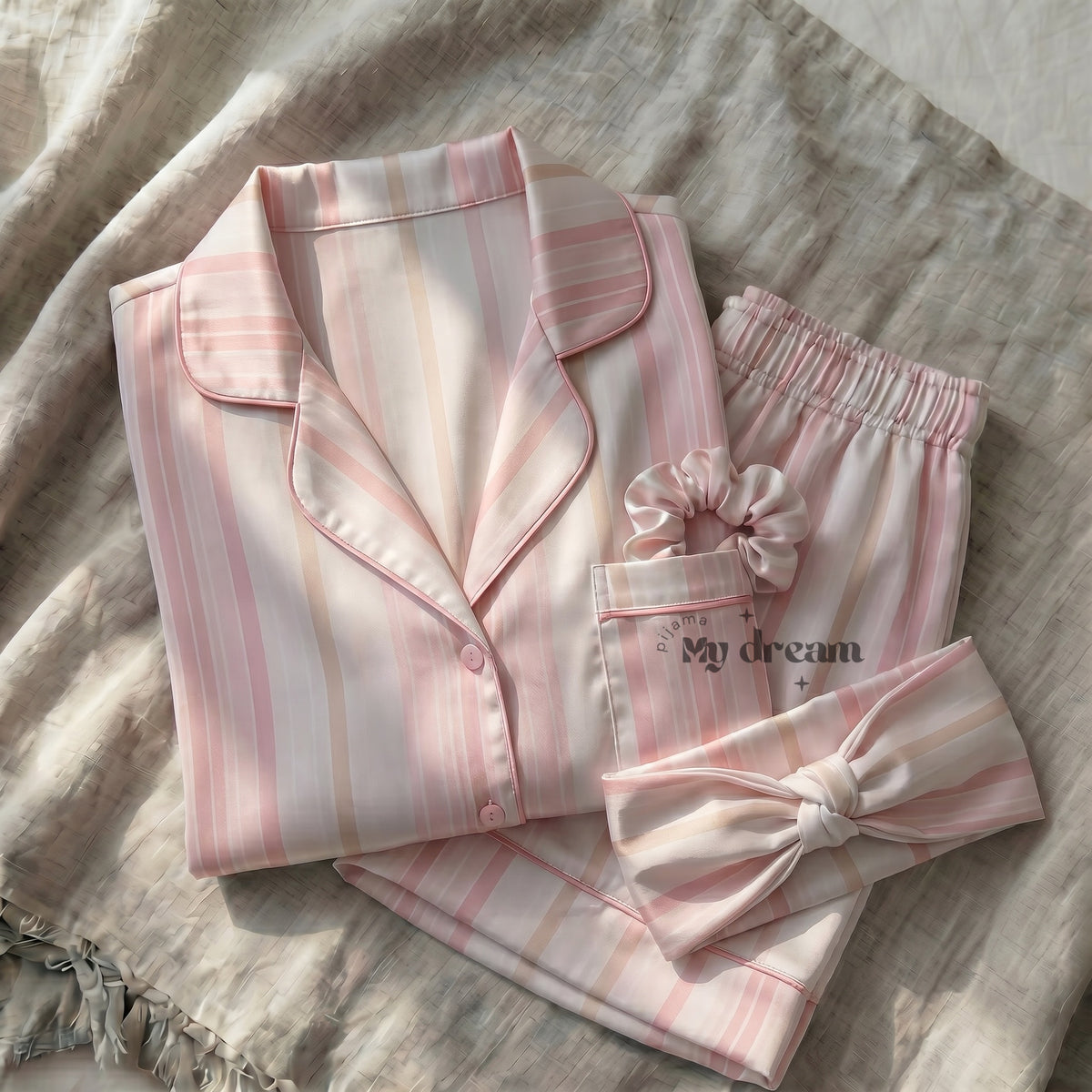 Striped Satin Shorts pajama Set-Baby pink