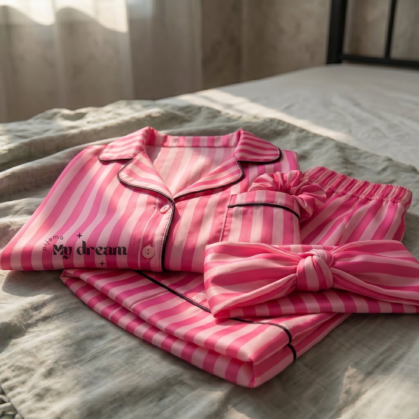 Striped Satin Shorts Pajama Set-Fuchsia