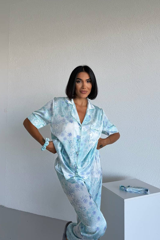 Floral Print Satin Pajama-Blue