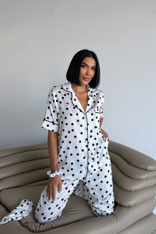 Polka Dot Satin Pajama-White
