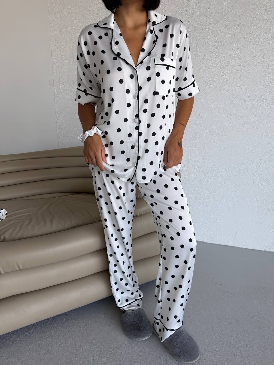 Polka Dot Satin Pajama-White
