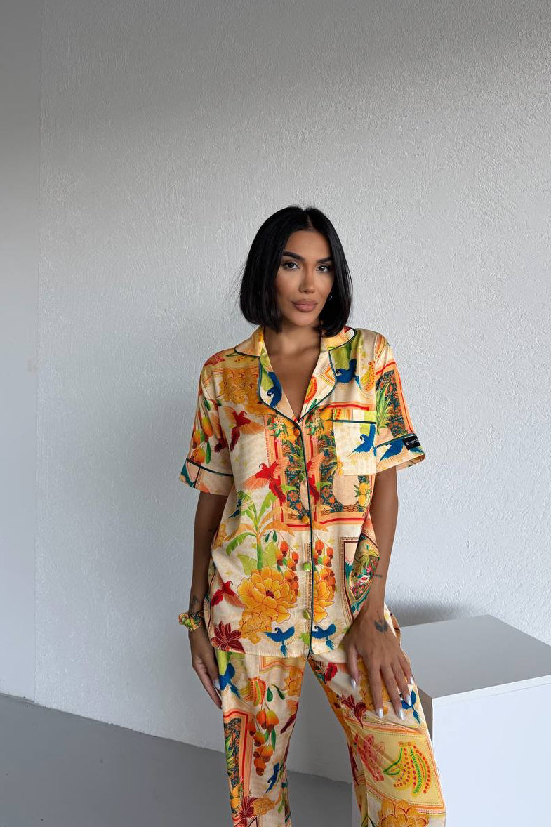 Tropical Print Satin Pajama-Yellow