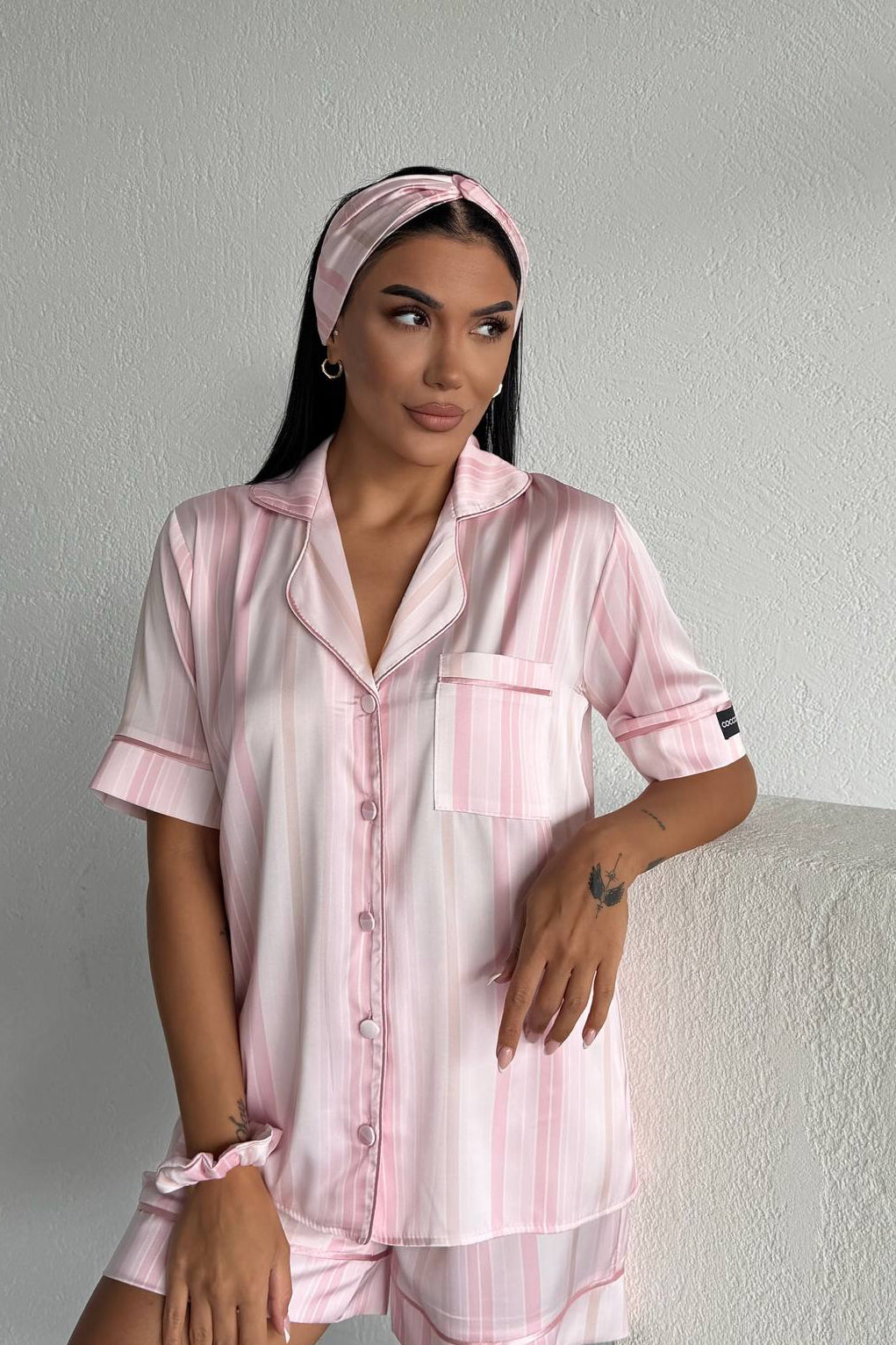 Striped Satin Shorts pajama Set-Baby pink