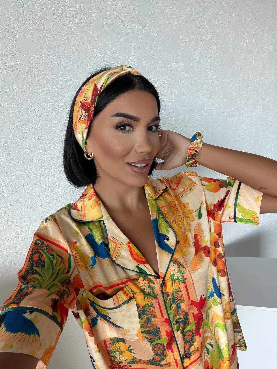 Tropical Print Satin Pajama-Yellow
