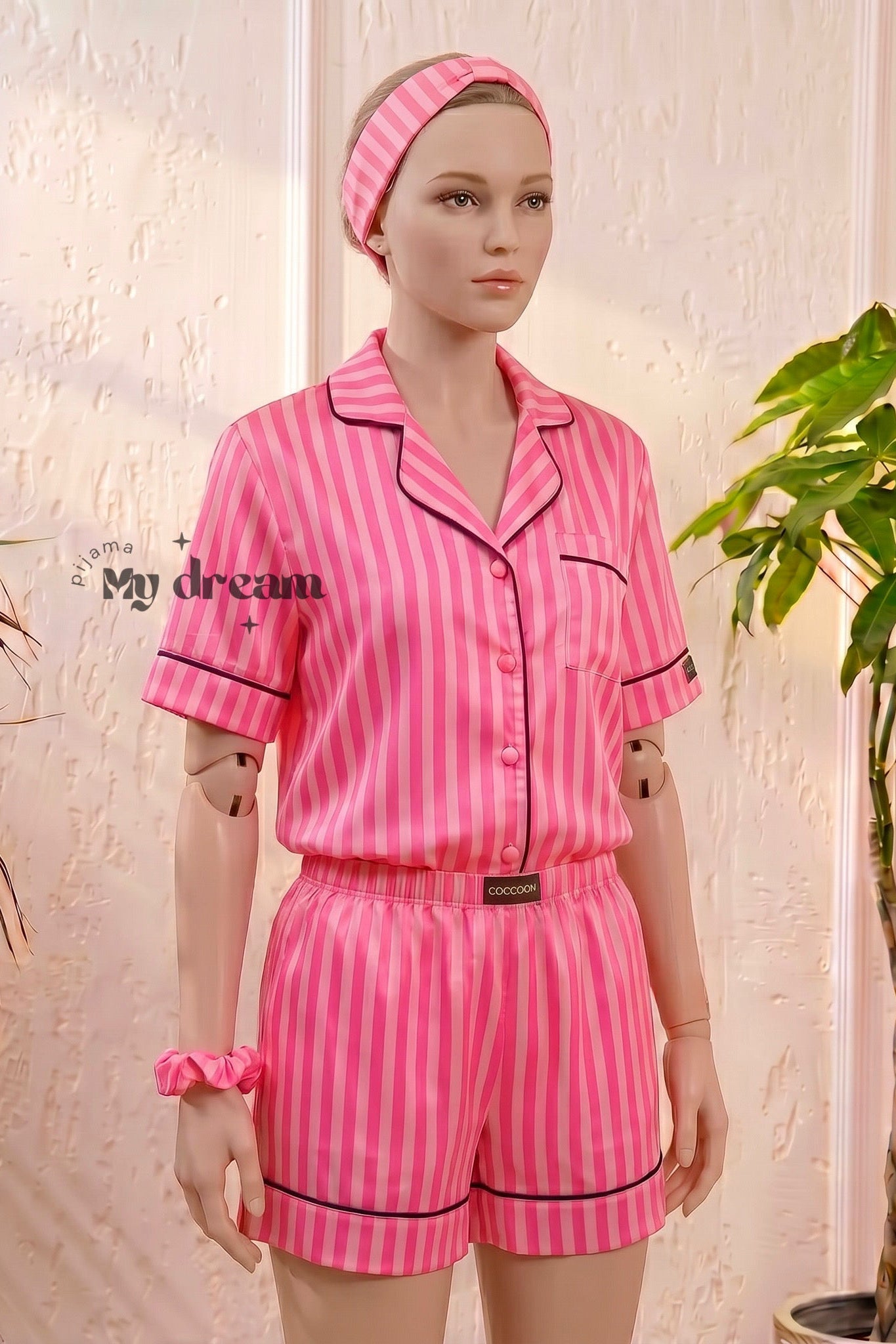 Striped Satin Shorts Pajama Set-Fuchsia