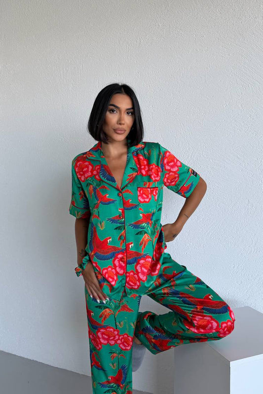 Tropical Print Satin Pajama-Green