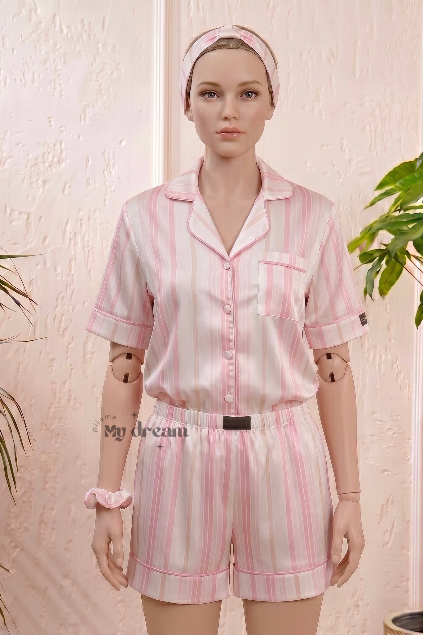 Striped Satin Shorts pajama Set-Baby pink