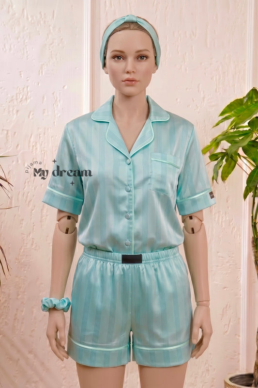 Satin Pajama Shorts Set- Turquoise