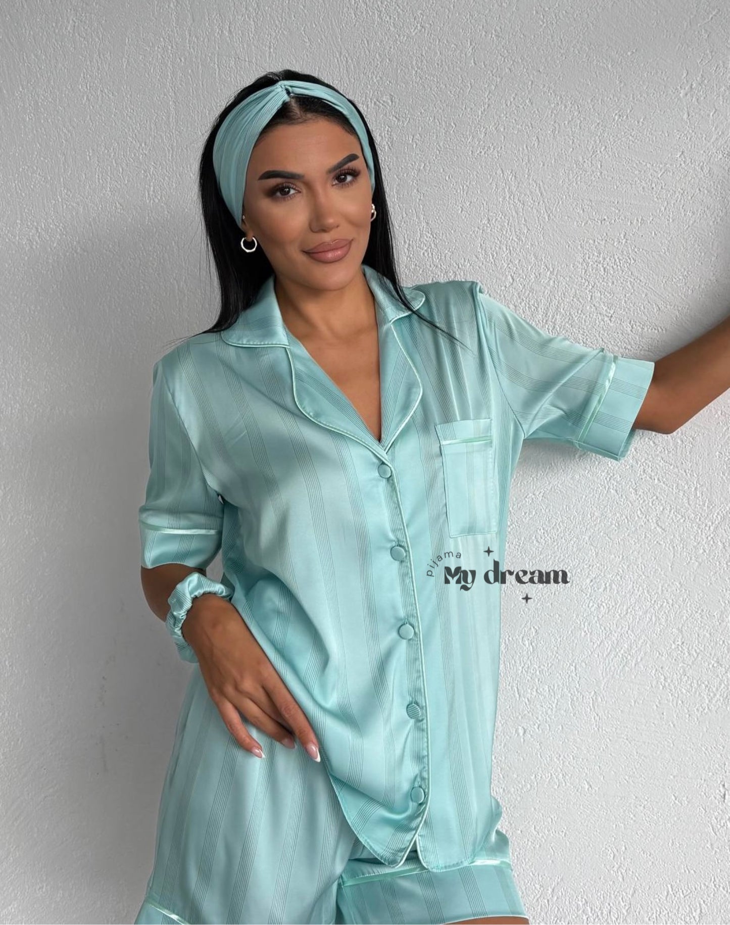 Satin Pajama Shorts Set- Turquoise