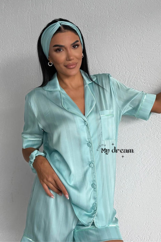 Satin Pajama Shorts Set- Turquoise