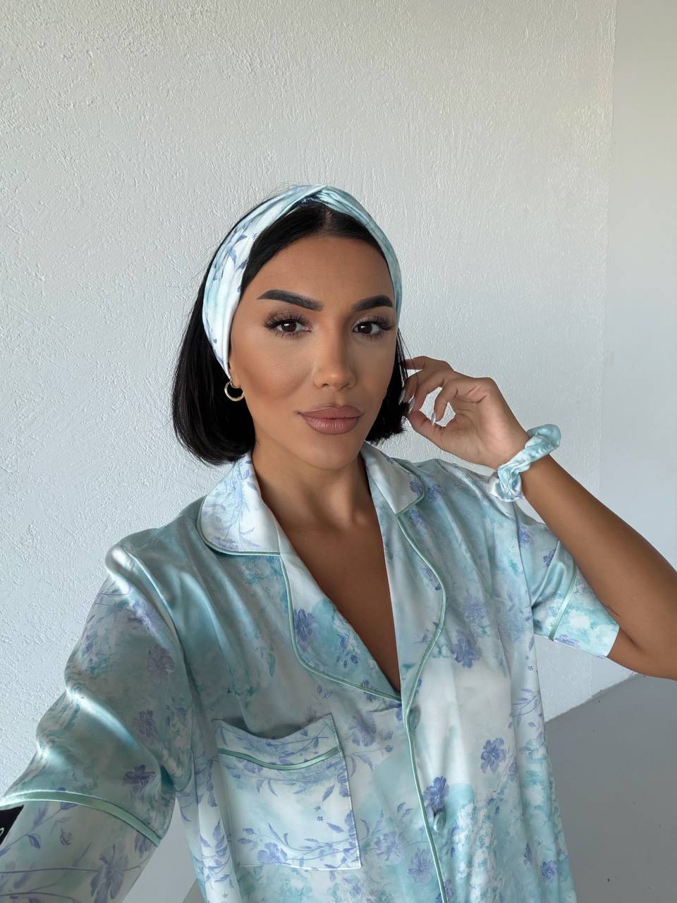 Floral Print Satin Pajama-Blue