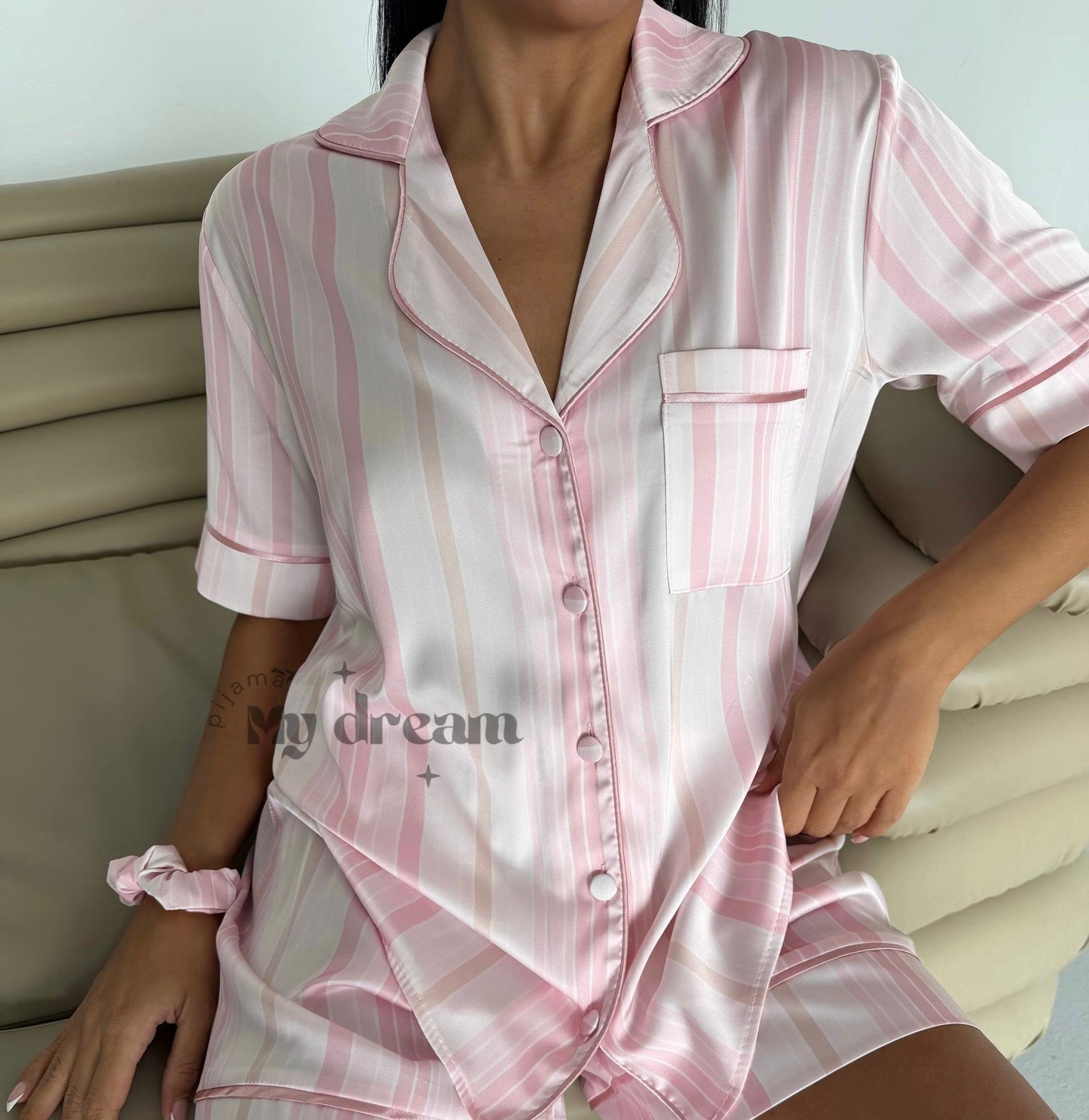 Striped Satin Shorts pajama Set-Baby pink