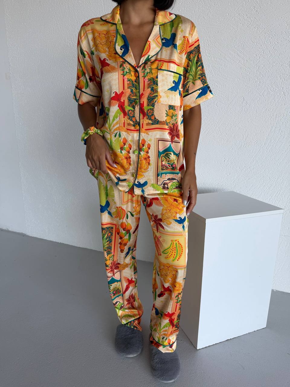 Tropical Print Satin Pajama-Yellow