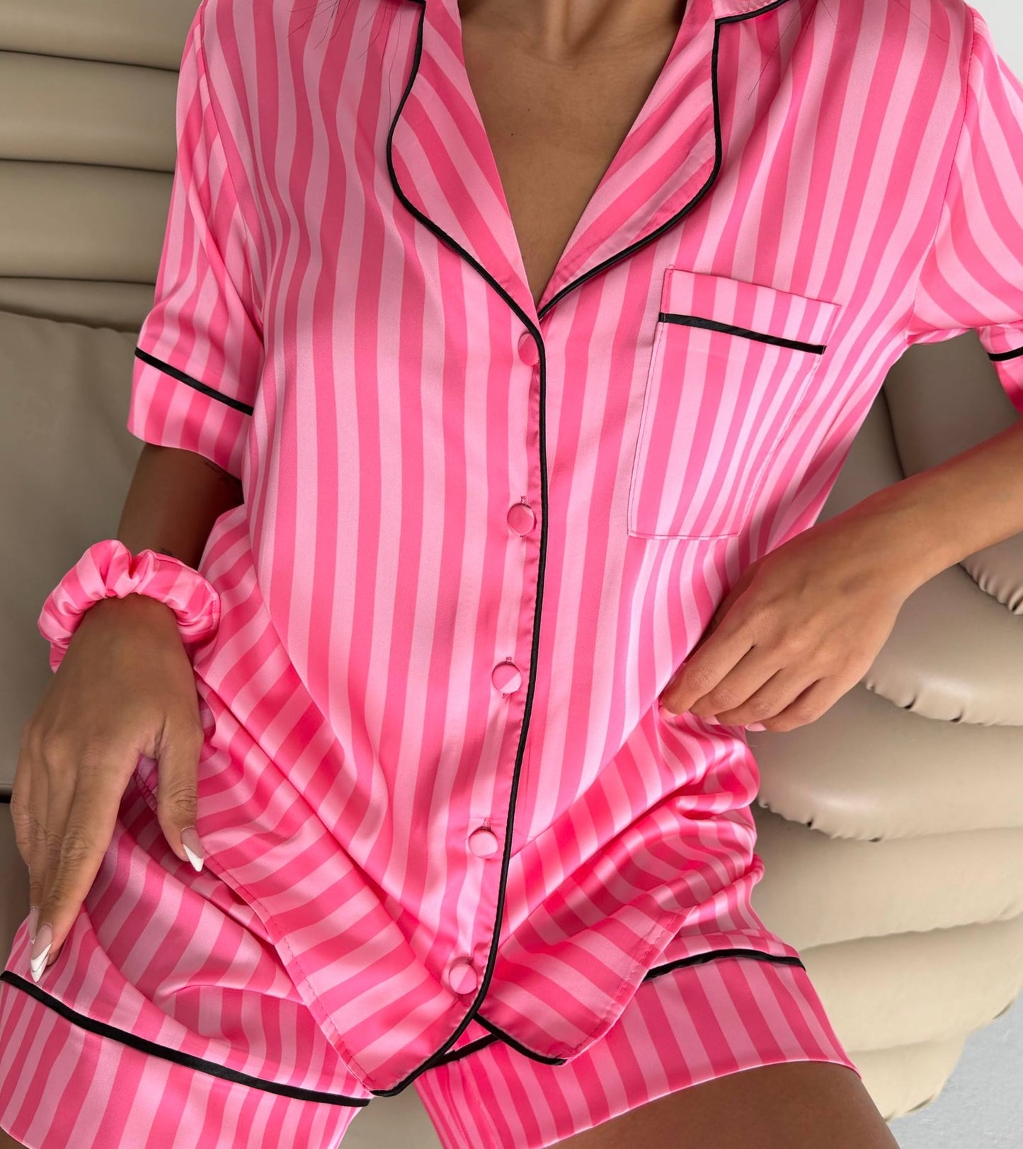 Striped Satin Shorts Pajama Set-Fuchsia