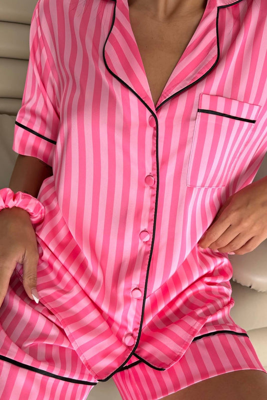 Striped Satin Shorts Pajama Set-Fuchsia