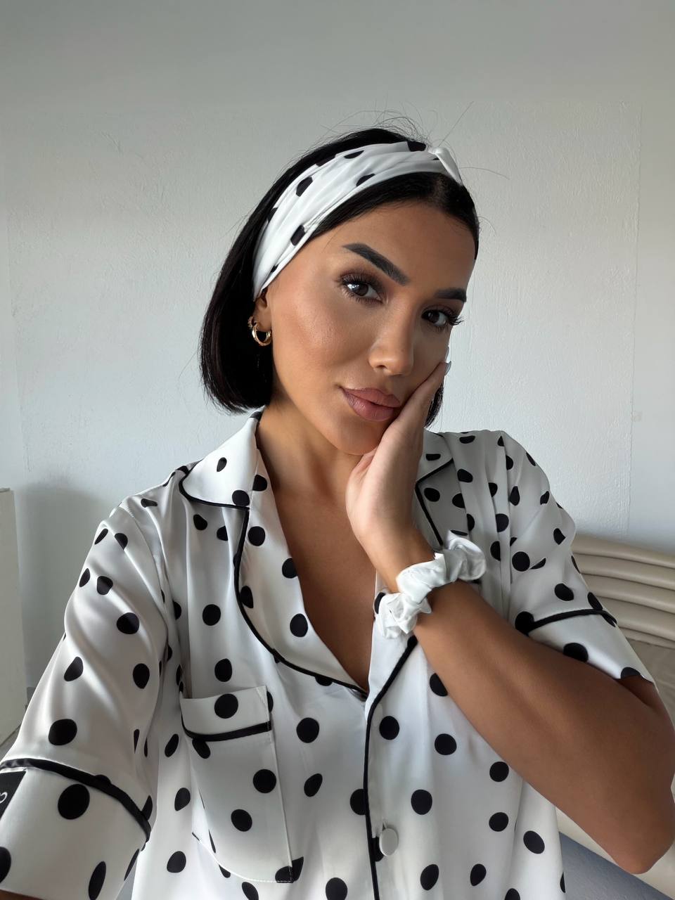 Polka Dot Satin Pajama-White