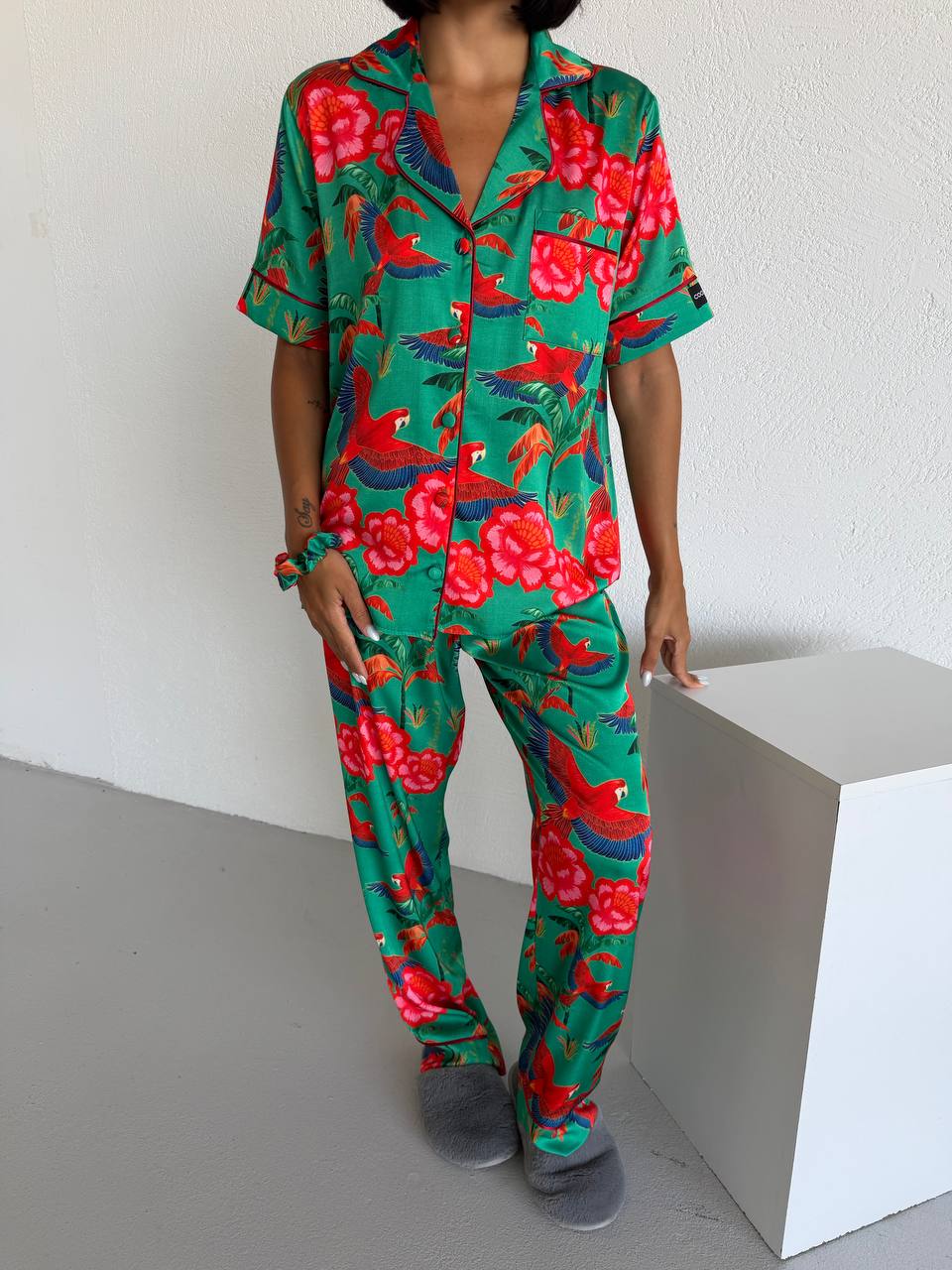 Tropical Print Satin Pajama-Green