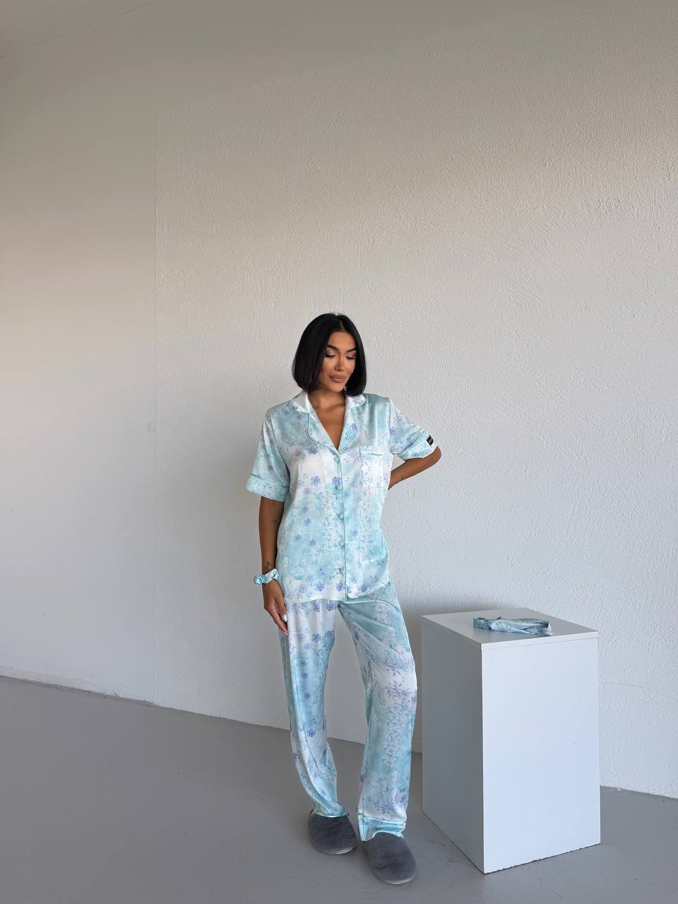 Floral Print Satin Pajama-Blue