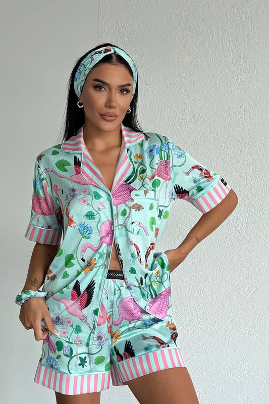 Flamingo Shorts Satin Pajama