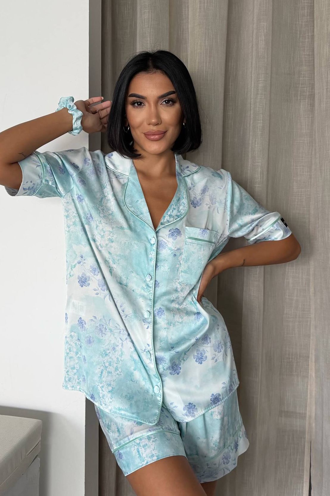 Floral Shorts Satin Pajama- Blue