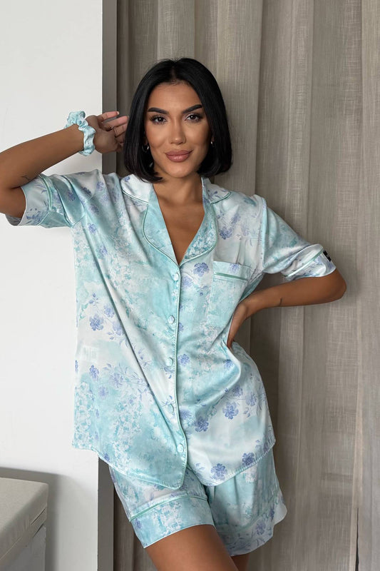 Floral Shorts Satin Pajama- Blue