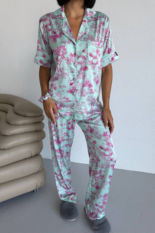 Dior Print Satin Pajama- Blue