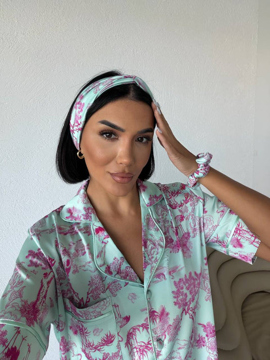 Dior Print Satin Pajama- Blue