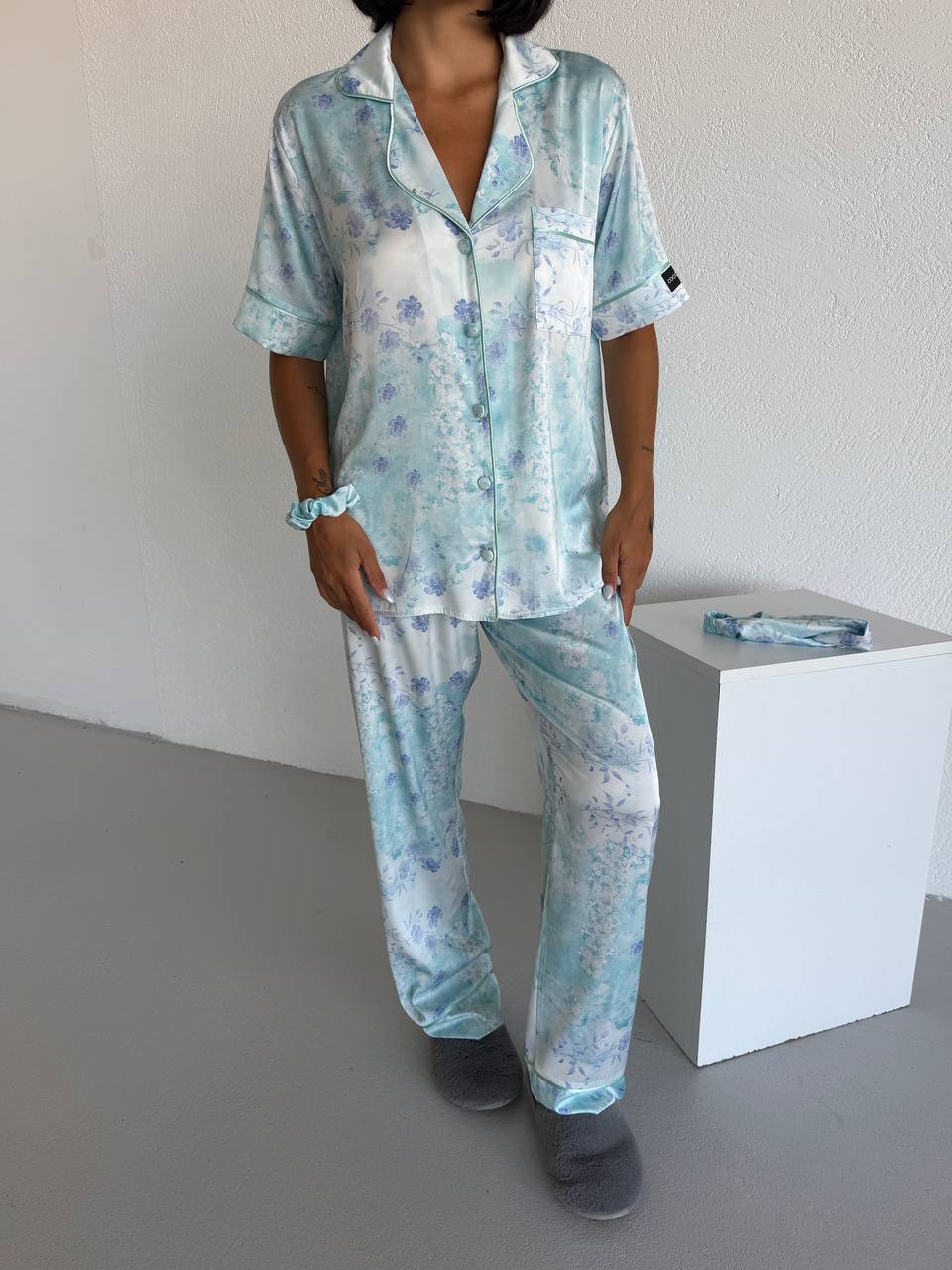 Floral Print Satin Pajama-Blue