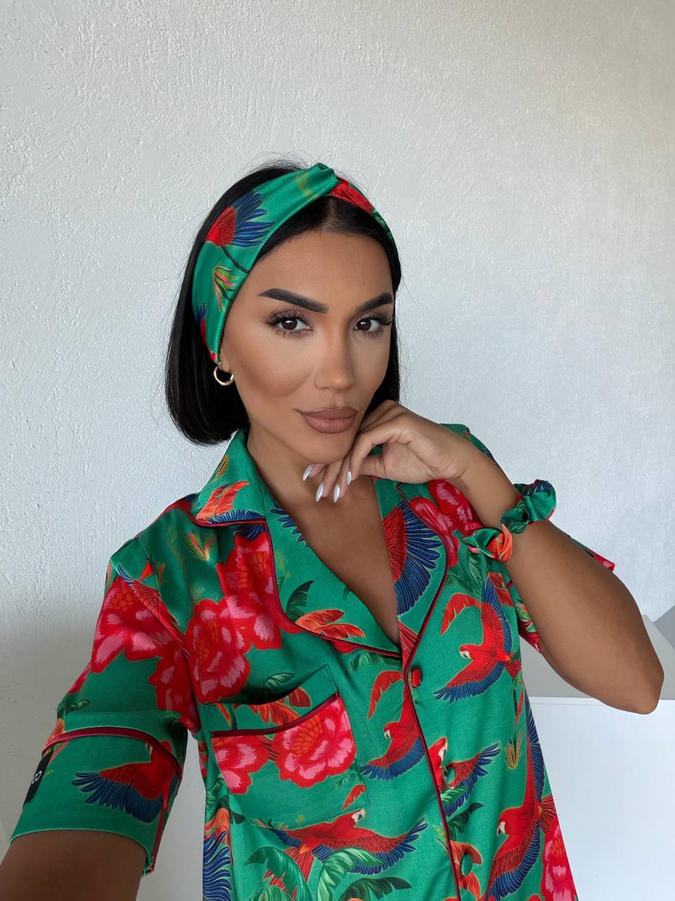 Tropical Print Satin Pajama-Green